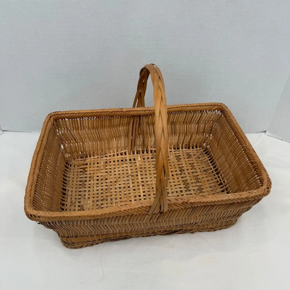 Vintage Handwoven Wicker Basket Rectangular Bamboo Reed with Handle Brown
